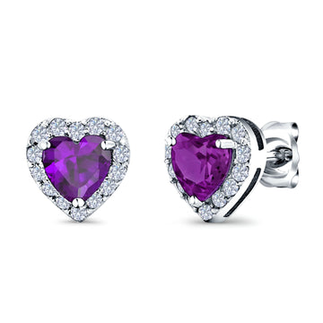 Heart shape Stud Earrings Wedding Simulated Amethyst CZ 925 Sterling Silver (10mm)